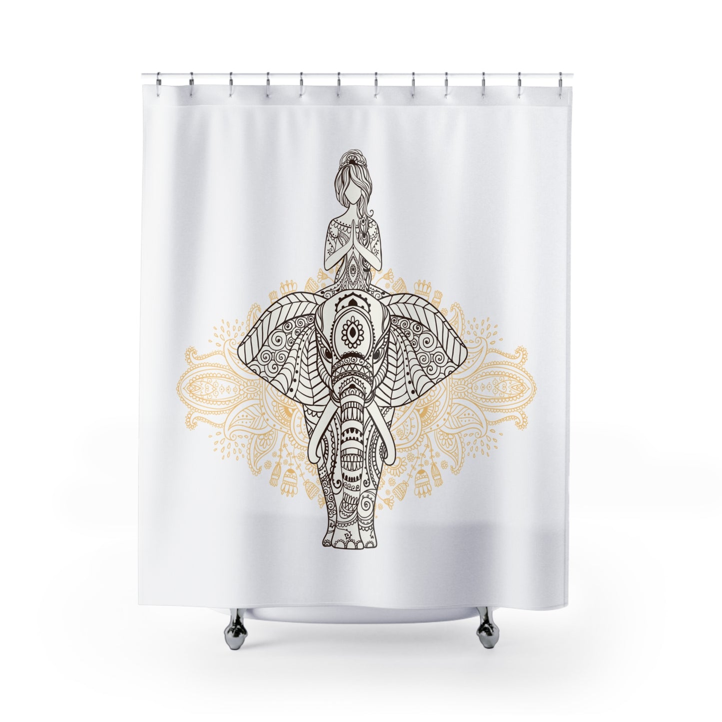 ELEFANT MANDALA - SCHÖNE FRAU • Hochwertiger, Schöner Duschvorhang 180x200 cm Weiss