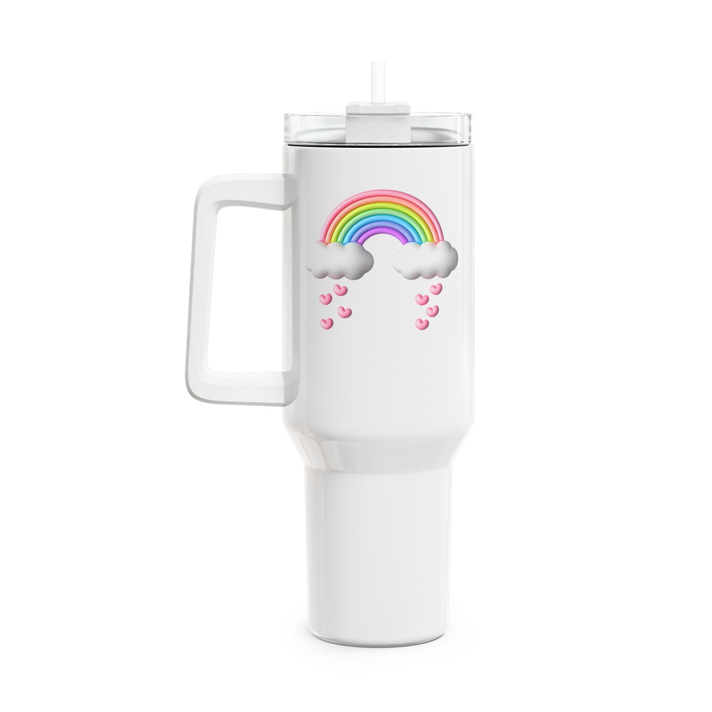 REGENBOGEN HERZEN NIEDLICH SÜß 3D Illusion Magisch • Tumbler mit Henkel & Strohhalm • XXL Reisebecher 1,2L