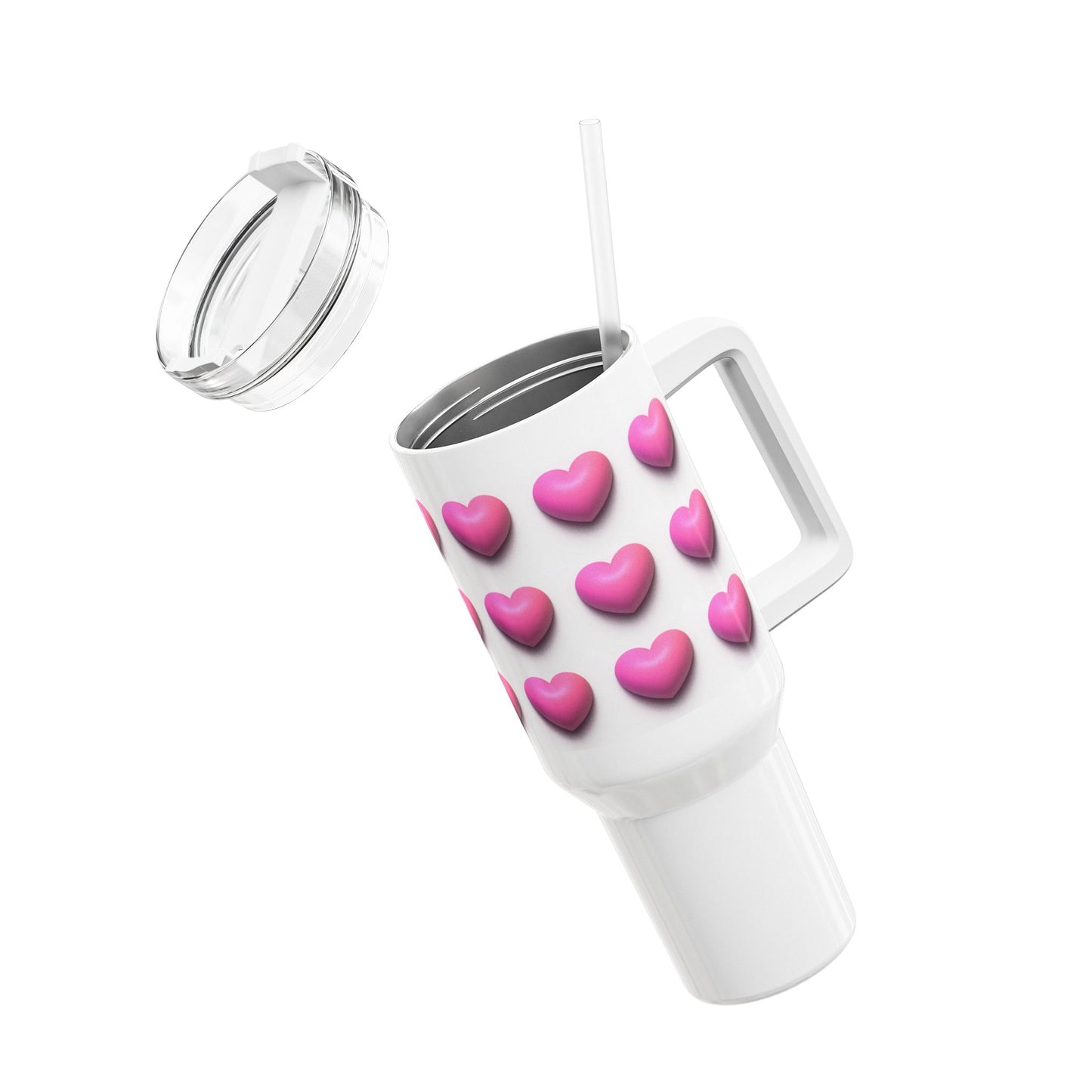 HERZEN MUSTER PINK 3D Illusion • Tumbler mit Henkel & Strohhalm • XXL Reisebecher 1,2L