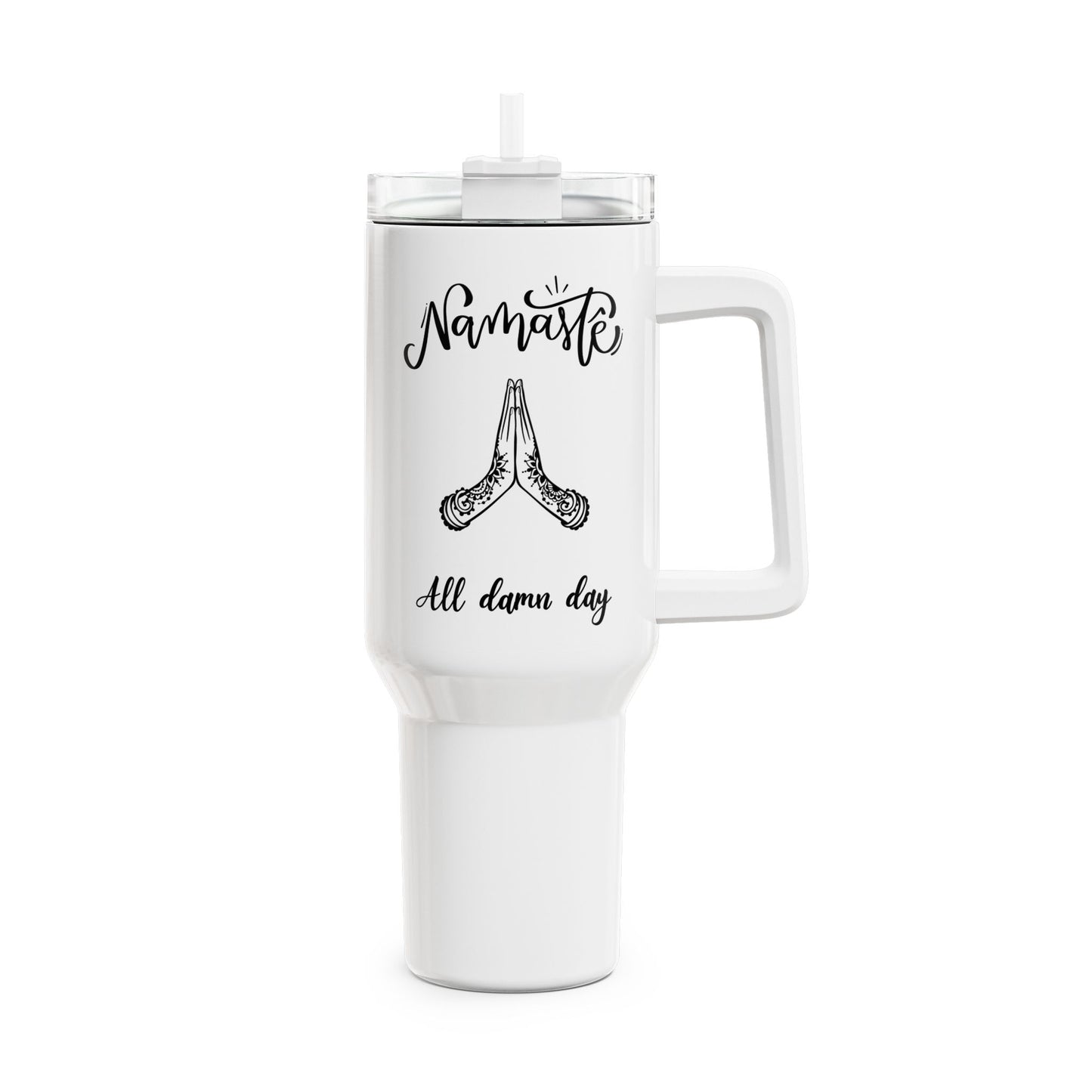 NAMASTE ALL DAMN DAY - Yoga Spruch Lustig Humorvoll • Tumbler mit Henkel & Strohhalm • XXL Reisebecher 1,2L - YOGA SANTA