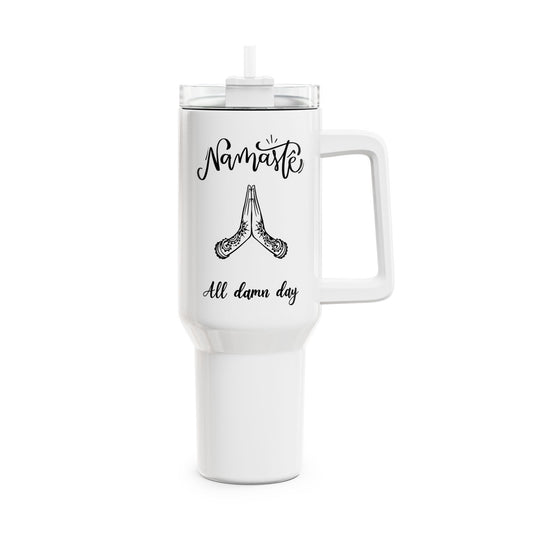NAMASTE ALL DAMN DAY - Yoga Spruch Lustig Humorvoll • Tumbler mit Henkel & Strohhalm • XXL Reisebecher 1,2L - YOGA SANTA