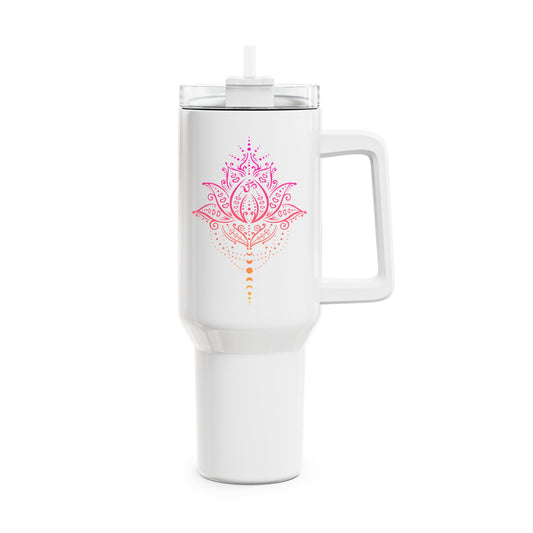 LOTUSBLUME PINK HANDGEZEICHNET KUNSTDRUCK • Tumbler mit Henkel & Strohhalm • XXL Reisebecher 1,2L - YOGA SANTA