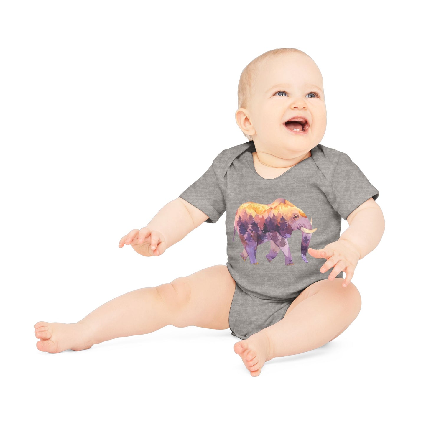 ELEFANT MIT BÄUMEN AQUARELL ZEICHNUNG • Niedlich süßer Baby Body Kurzarm • Mädchen & Jungen • BIO Baumwolle 🌿