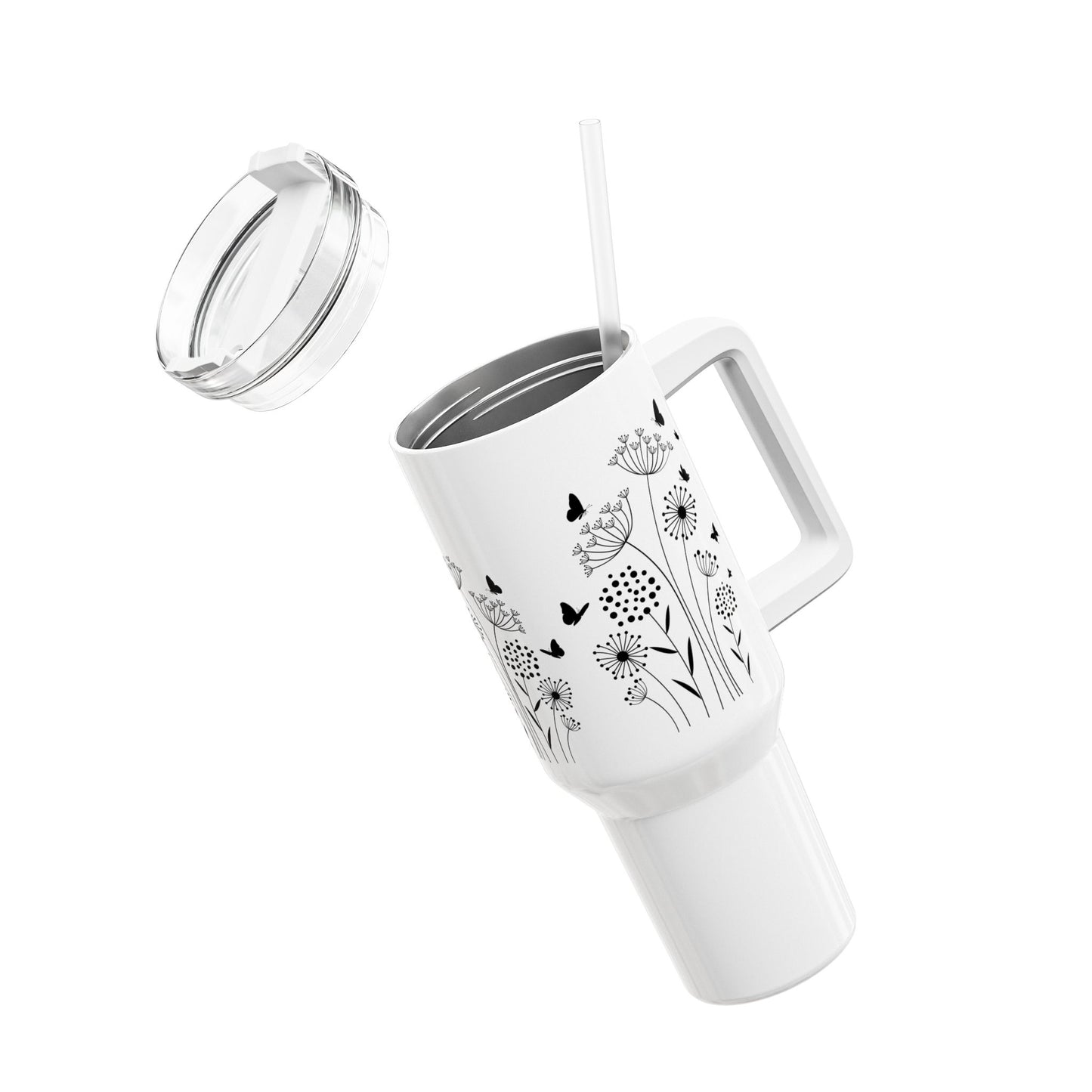 SCHMETTERLINGE IN BLUMENWIESE SÜß • Tumbler mit Henkel & Strohhalm • XXL Reisebecher 1,2L