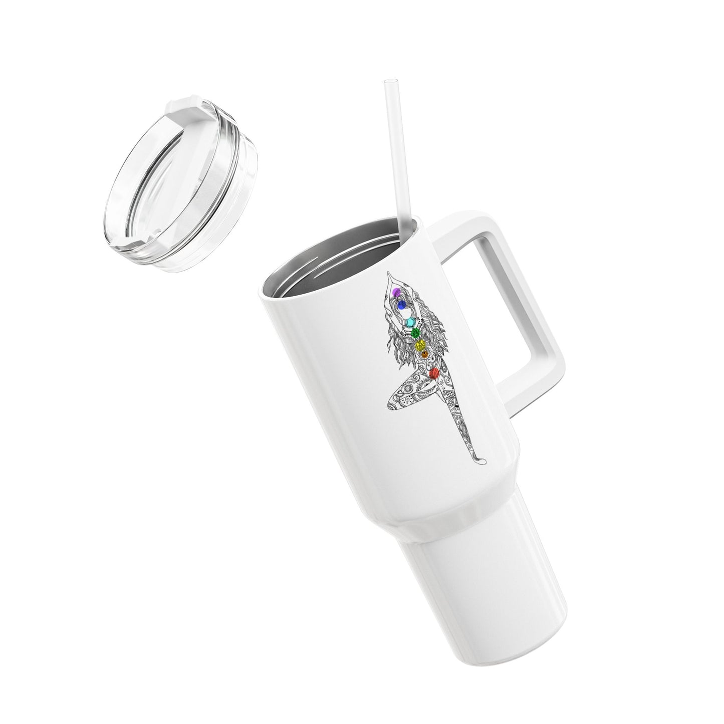 CHAKREN 7 CHAKRA SCHÖNE FRAUE BAUM POSE YOGA ASANA • Tumbler mit Henkel & Strohhalm • XXL Reisebecher 1,2L - YOGA SANTA