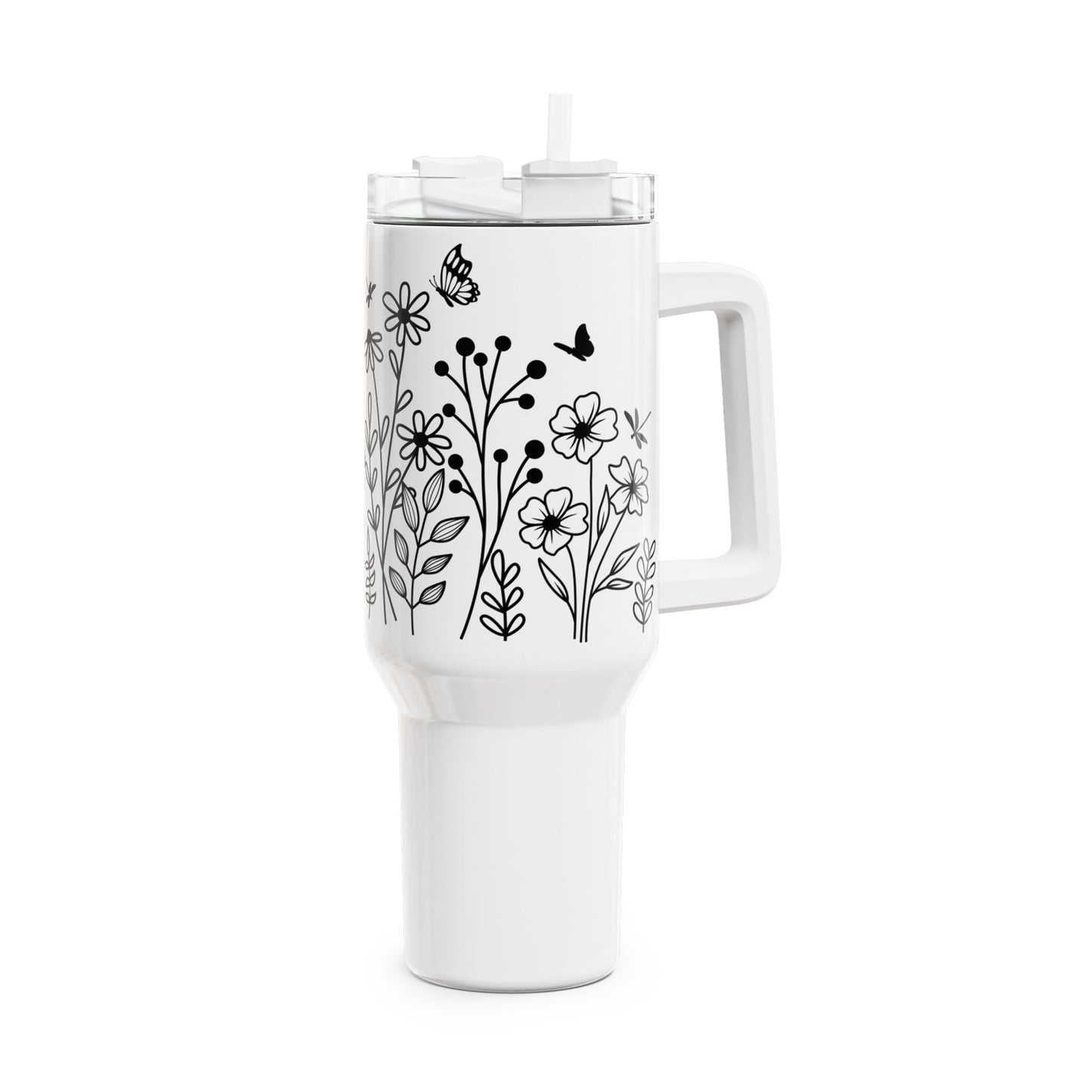 SCHMETTERLINGS BLUMEN WIESE NIEDLICH • Tumbler mit Henkel & Strohhalm • XXL Reisebecher 1,2L