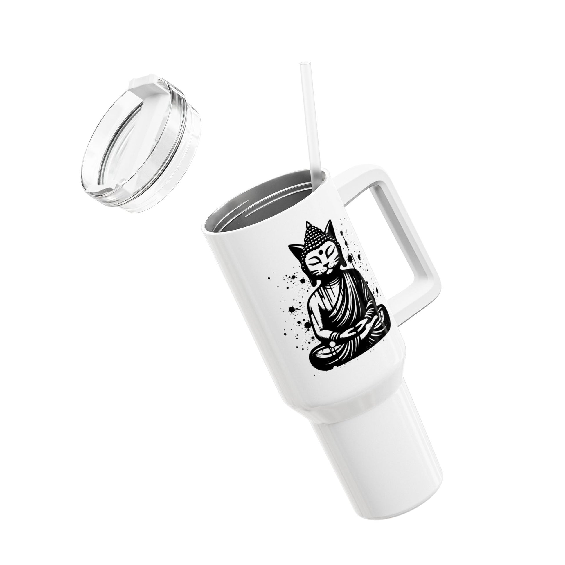 KATZEN BUDDHA FIGUR MEDITATION TIERYOGA • Tumbler mit Henkel & Strohhalm • XXL Reisebecher 1,2L - YOGA SANTA