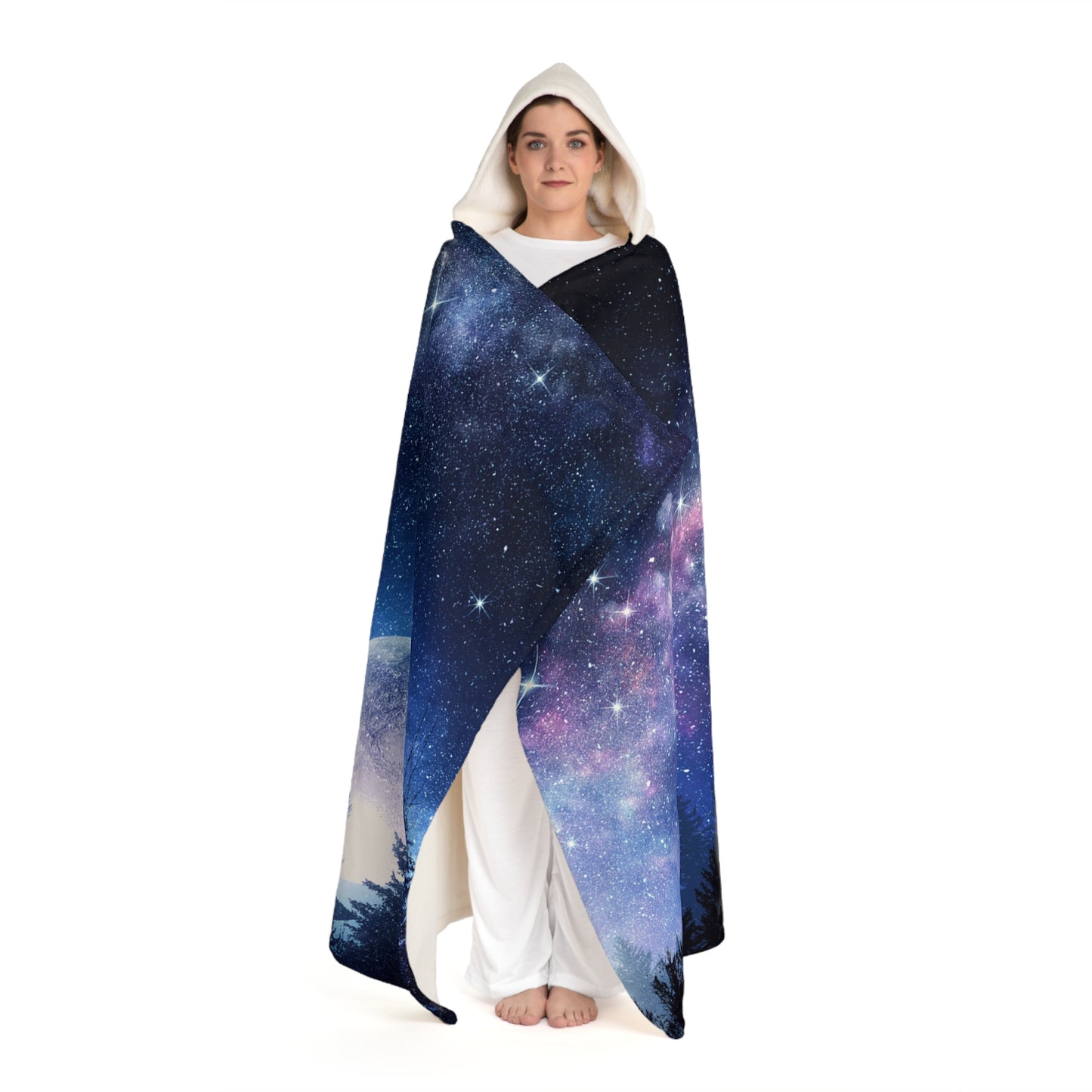 MOND GALAXY WALD BÄUME • Kapuzen Kuscheldecke Dunkelblau • Wohndecke Sherpa 130cm x 180cm