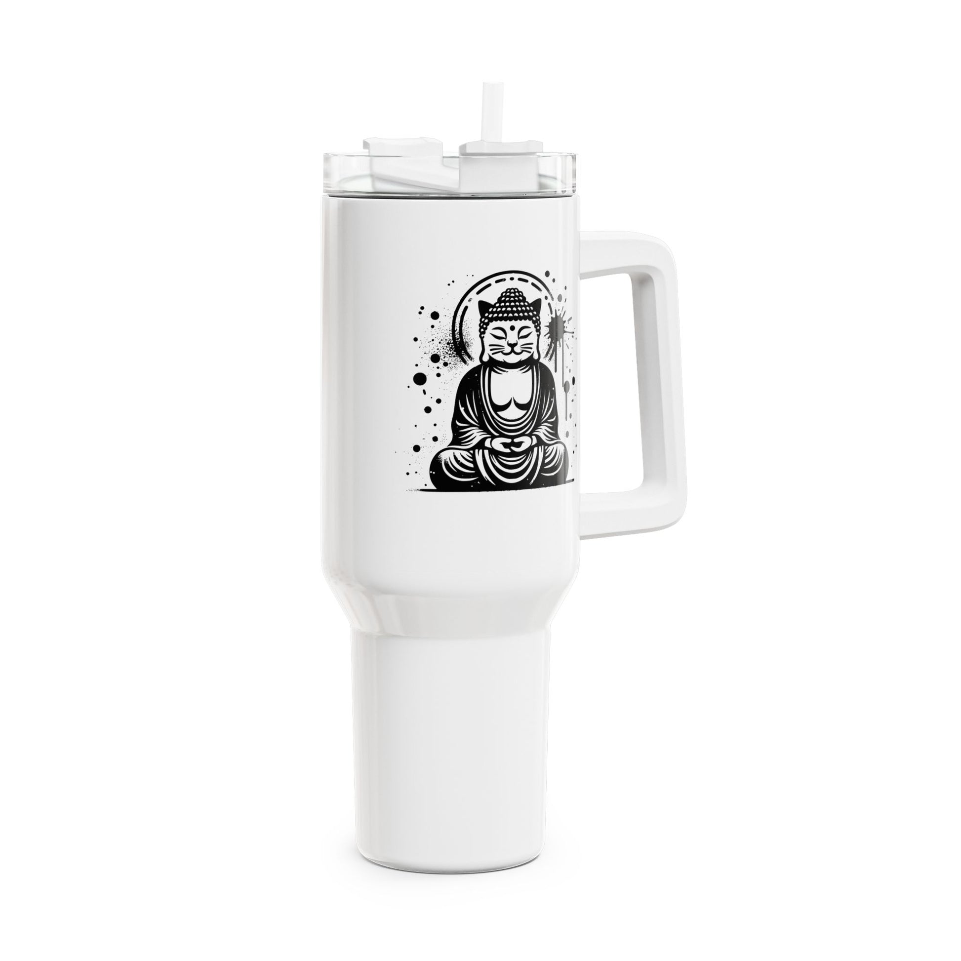 KATZEN BUDDHA FIGUR ZEICHNUNG MEDITATION TIERYOGA • Tumbler mit Henkel & Strohhalm • XXL Reisebecher 1,2L - YOGA SANTA