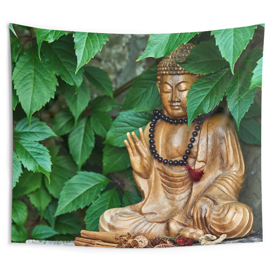 BUDDHAFIGUR GOLD GRÜNE BLÄTTER • Wandtuch • Wandttepich • Wanddekor in v. Größen bis XXL