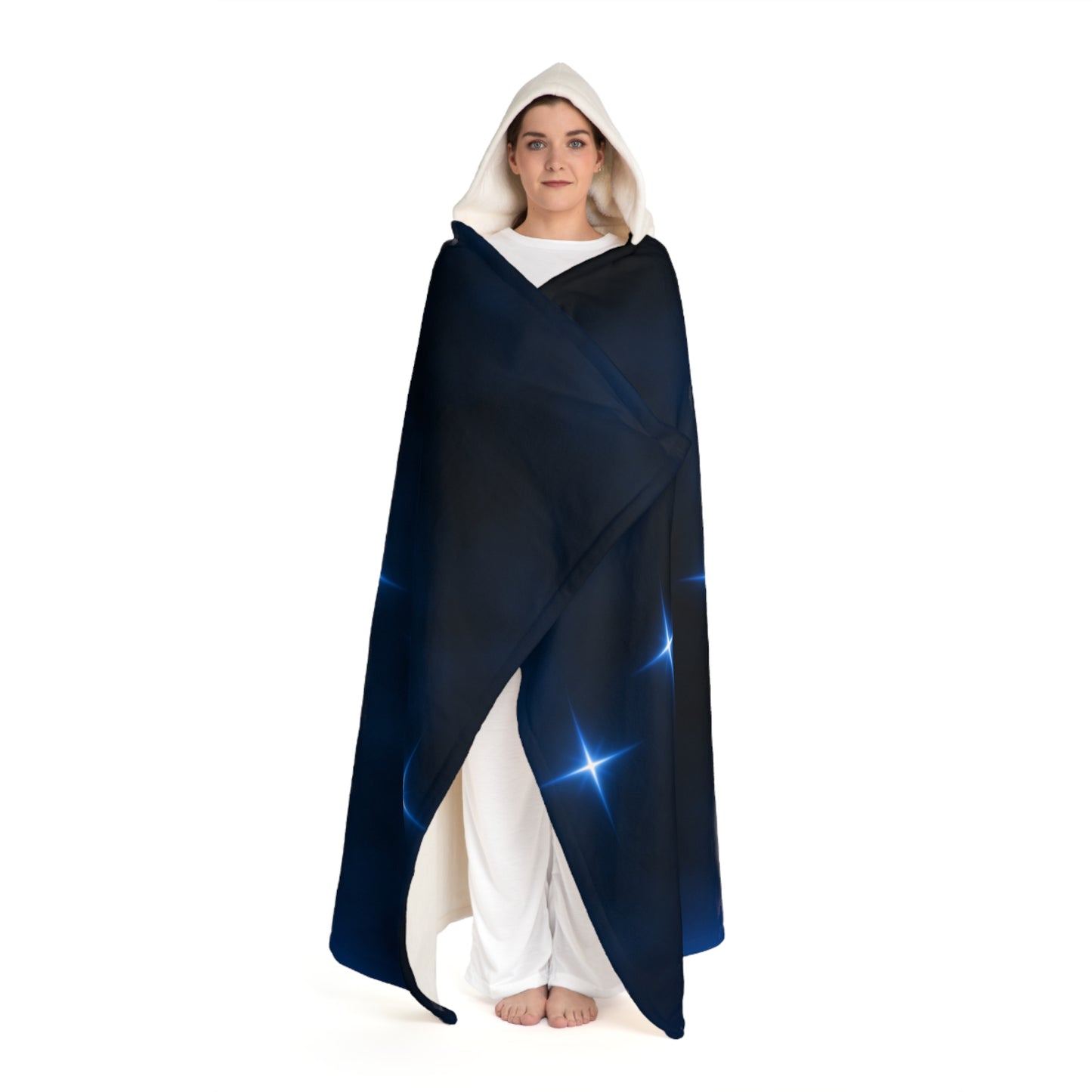 STERNEN MAGIE • Kapuzen Kuscheldecke Dunkelblau • Wohndecke Sherpa 130cm x 180cm