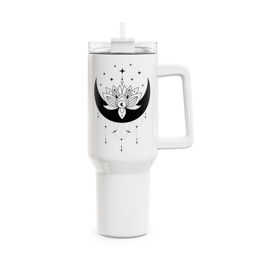 MONDSICHEL LOTUSBLLÜTE STERNENHIMMEL • Tumbler mit Henkel & Strohhalm • XXL Reisebecher 1,2L