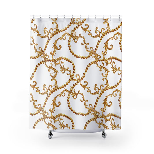 LUXUS VORHANG - BAROCK FLORALER GOLDSCHMUCK • Hochwertiger, Schöner Duschvorhang 180x200 cm Weiss