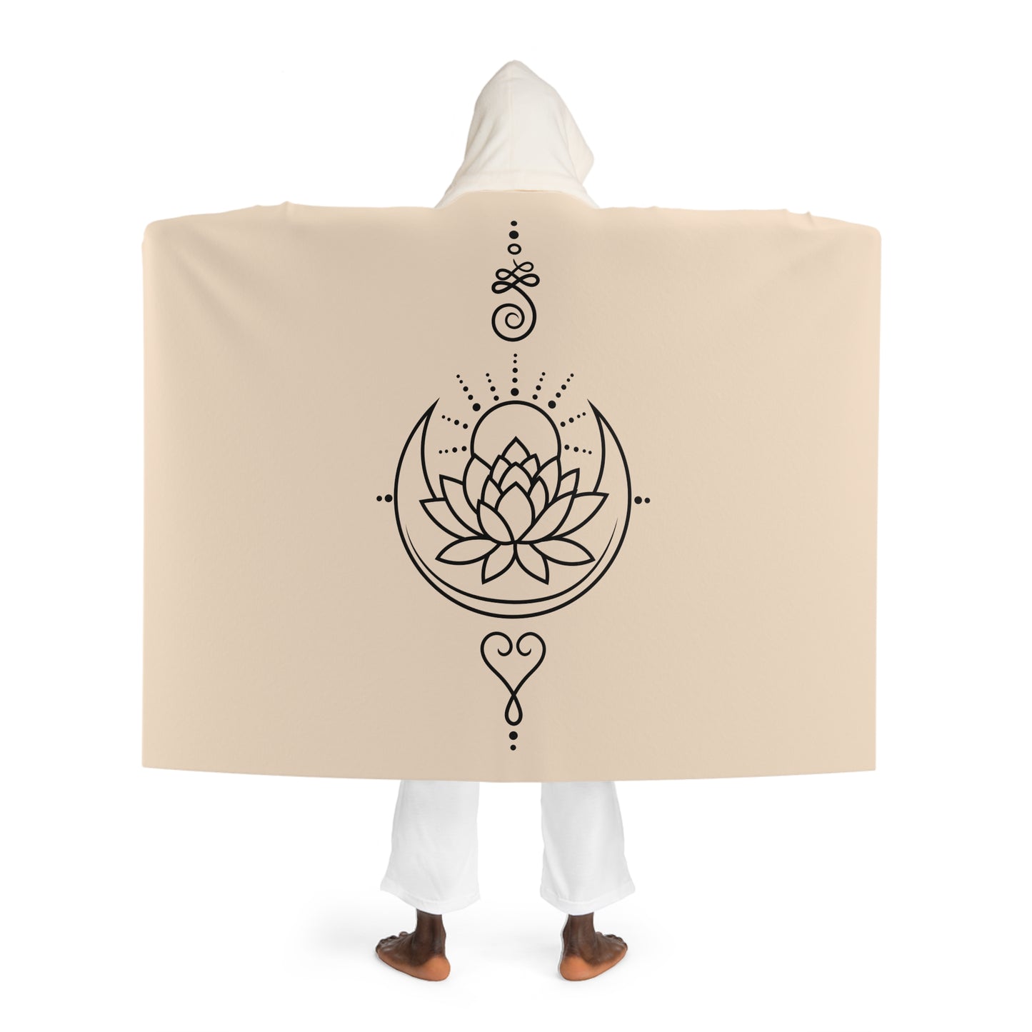 SONNE MOND, LOTUS, UNENDLICHER EWIGER KNOTEN • Spirituelle Kapuzen Kuscheldecke Beige • Sherpa 130cm x 180cm