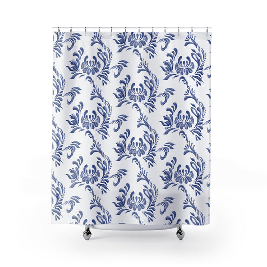 FLORALES BLUES BLUMENMUSTER • Hochwertiger, Schöner Duschvorhang 180x200 cm Weiss