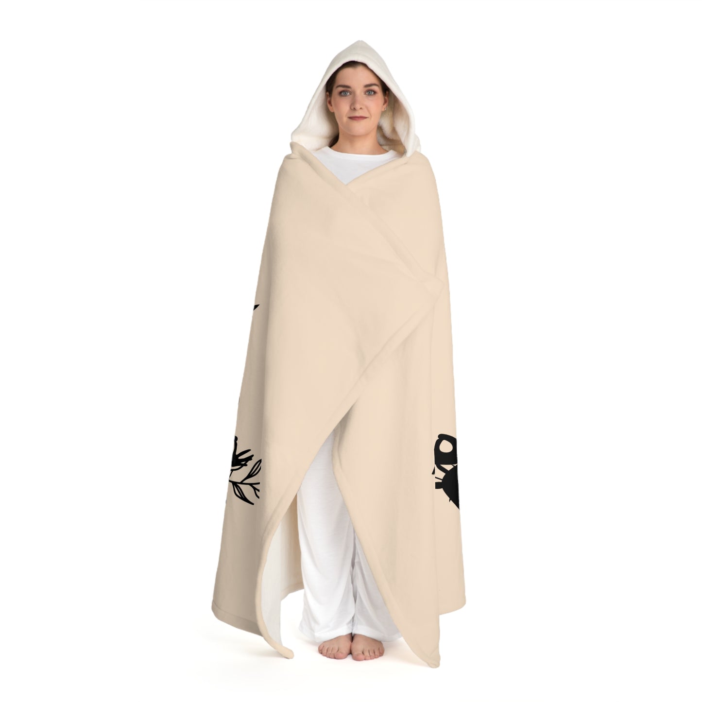 YOGA MEDITATION POSE BLUMEN • Kapuzen Kuscheldecke Beige Creme • Wohndecke Sherpa 130cm x 180cm