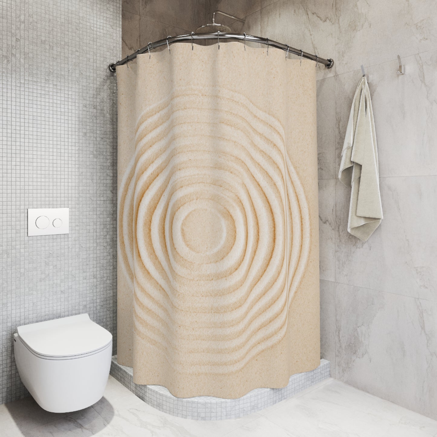 ZEN GARTEN SAND KREISWELLEN • Hochwertiger, Schöner Duschvorhang 180x200 cm Beige