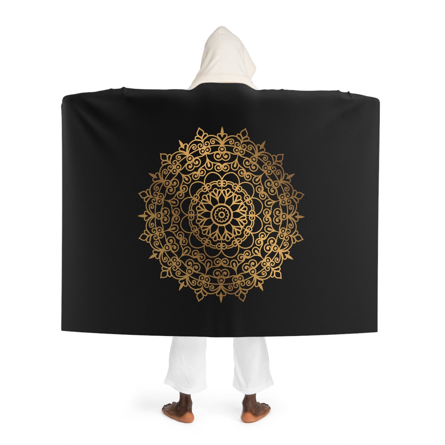 MANDALA GOLDOPTIK • Kapuzen Kuscheldecke Schwarz • Wohndecke Sherpa 130cm x 180cm