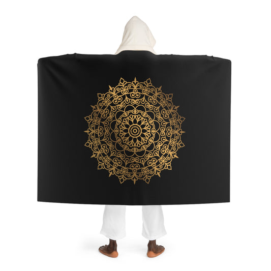 MANDALA GOLDOPTIK • Kapuzen Kuscheldecke Schwarz • Wohndecke Sherpa 130cm x 180cm