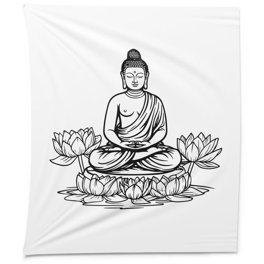 BUDDHA FIGUR zwischen LOTUSBLÜTEN • Wandtuch • Wandttepich Schwarz Weiß • Wanddekor in v. Größen bis XXL