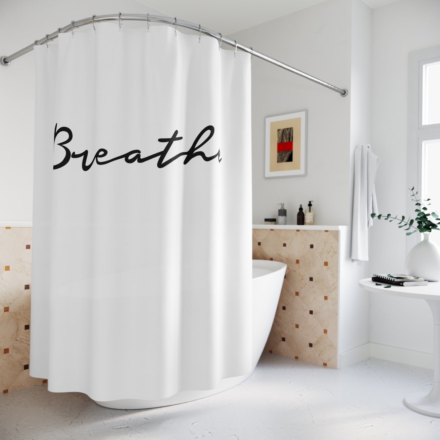BREATHE • Yoga Spruch Atemmeditation • Hochwertiger, Schöner Duschvorhang 180x200 cm Weiss