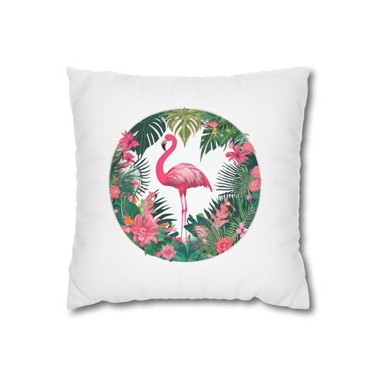 FLAMINGO EXOTISCHE BLUMEN • Deko Kissenbezug mit Reißverschluss Quadratisch Weiß