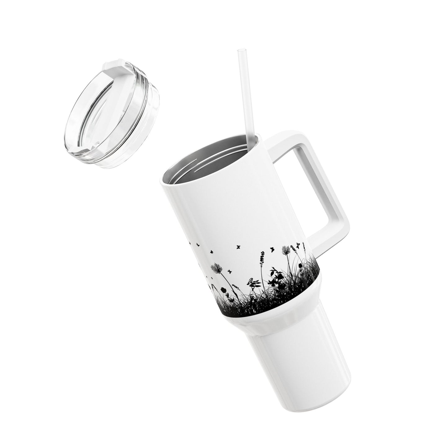 BLUMENWIESE SCHMETTERLINGE • Tumbler mit Henkel & Strohhalm • XXL Reisebecher 1,2L