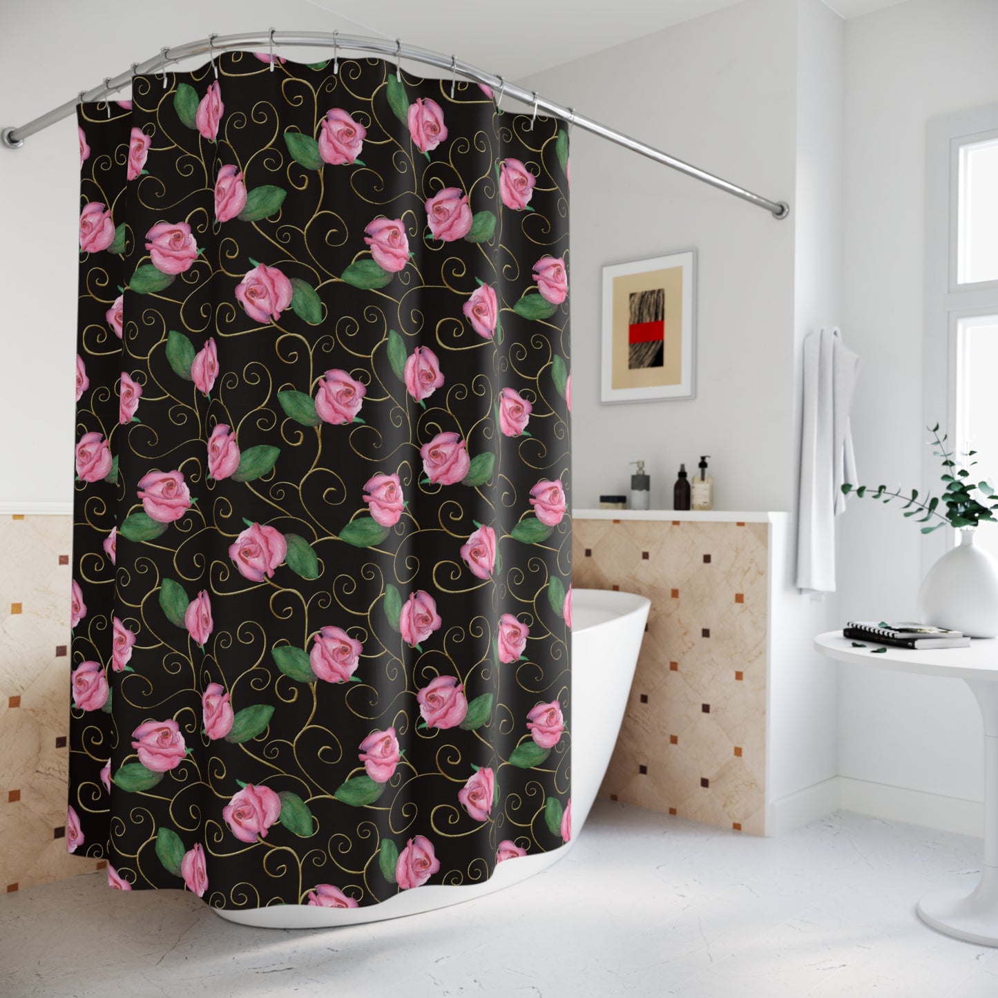 ROSEN ROSA BLUMENMUSTER • Hochwertiger, Schöner Duschvorhang 180x200 cm Schwarz