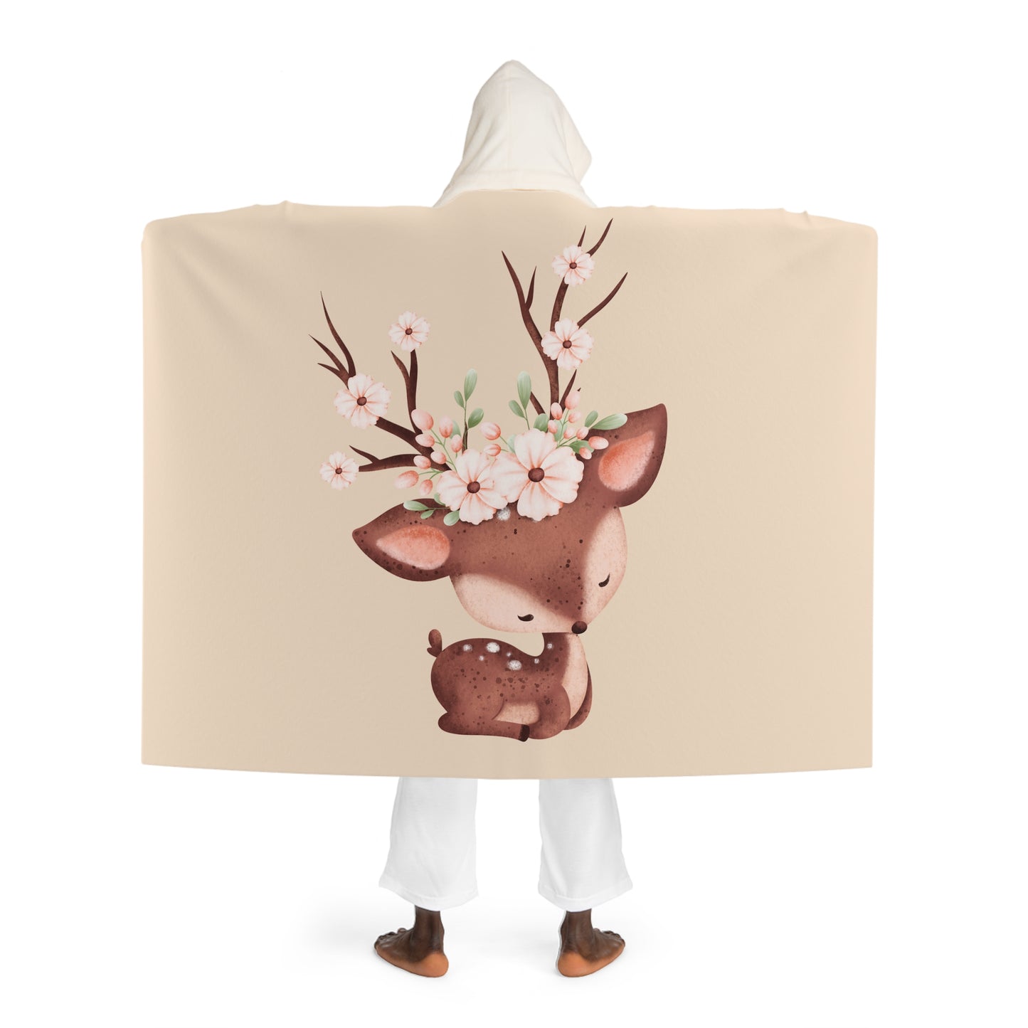 REH HIRSCH BABY NIEDLICH BLUMEN • Kapuzen Kuscheldecke Beige Creme • Wohndecke Sherpa 130cm x 180cm