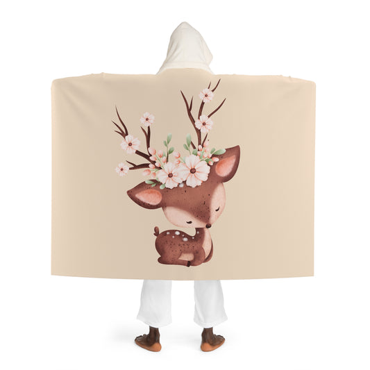 REH HIRSCH BABY NIEDLICH BLUMEN • Kapuzen Kuscheldecke Beige Creme • Wohndecke Sherpa 130cm x 180cm