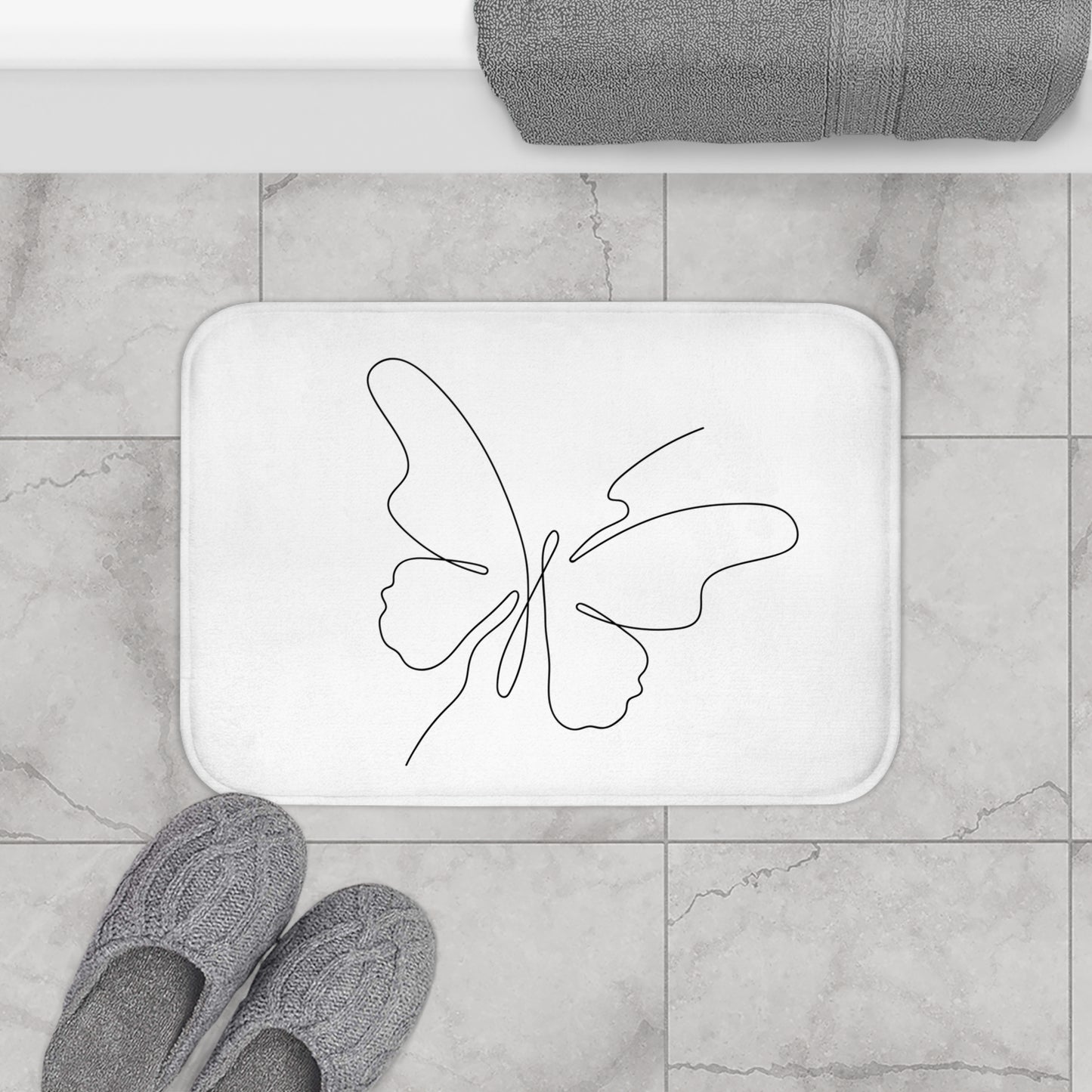 SCHMETTERLING Minimalistische Zeichnung • Badvorleger Weiss / Fussmatte / Badteppich EXTRA Weich • 43 x 61 cm & 53 x 86 cm