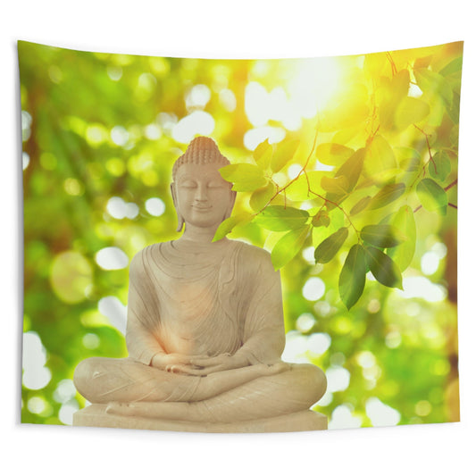 BUDDHA VOR GRÜNEN BLÄTTERN & Sonnenstrahlen • Wandtuch • Wandttepich • Wanddekor in v. Größen bis XXL