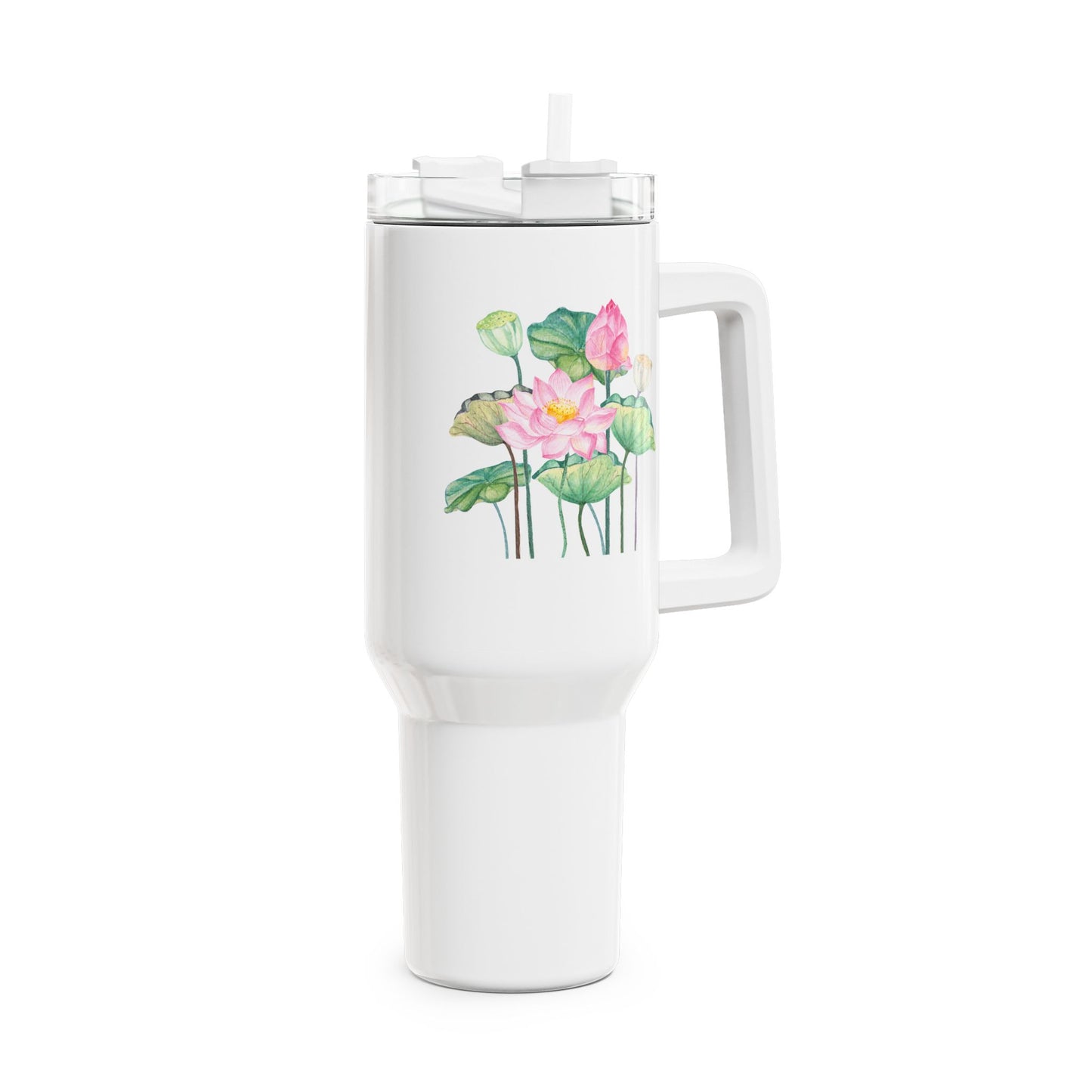 LOTUSBLUMEN AQUARELL ZEICHNUNG • Tumbler mit Henkel & Strohhalm • XXL Reisebecher 1,2L
