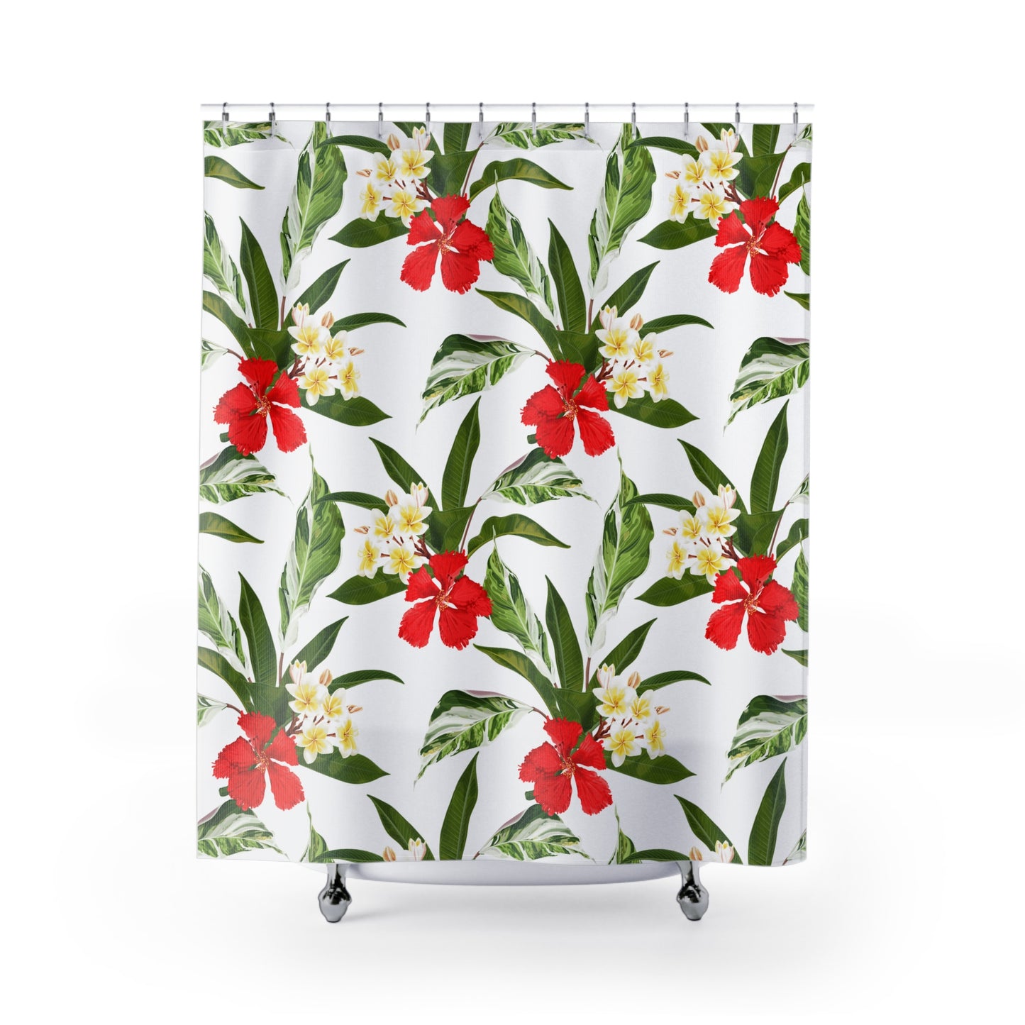 HAWAII BLUMEN, GRÜNE BLÄTTER • Schöner Duschvorhang 180x200 cm Weiss