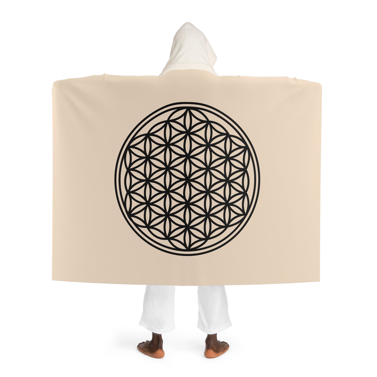BLUME DES LEBEN SCHWARZ • Kapuzen Kuscheldecke Beige Creme • Wohndecke Sherpa 130cm x 180cm