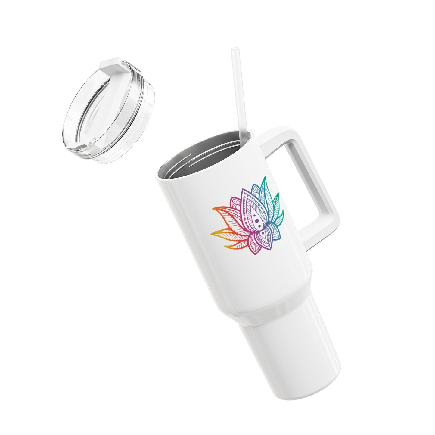 LOTUSBLÜTE REGENBOGEN MANDALA • Tumbler mit Henkel & Strohhalm • XXL Reisebecher 1,2L