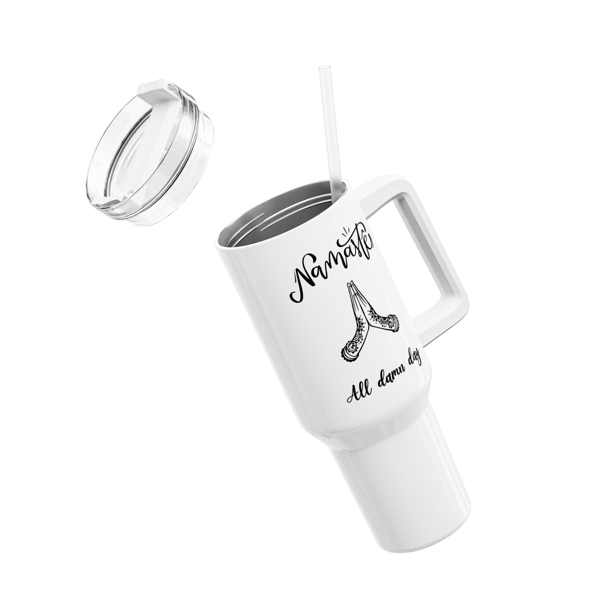 NAMASTE ALL DAMN DAY - Yoga Spruch Lustig Humorvoll • Tumbler mit Henkel & Strohhalm • XXL Reisebecher 1,2L - YOGA SANTA