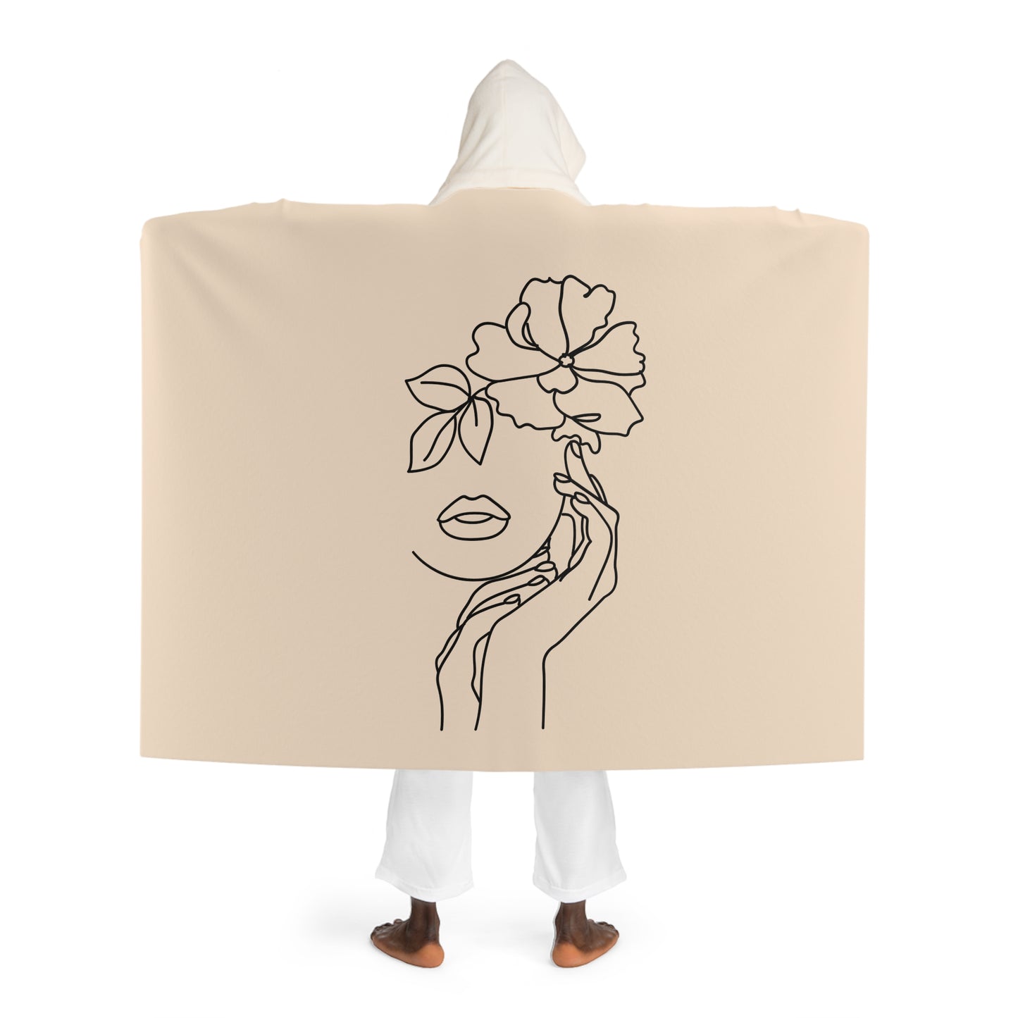 SCHÖNE BLUMEN FRAU • Kapuzen Kuscheldecke Beige Creme • Wohndecke Sherpa 130cm x 180cm