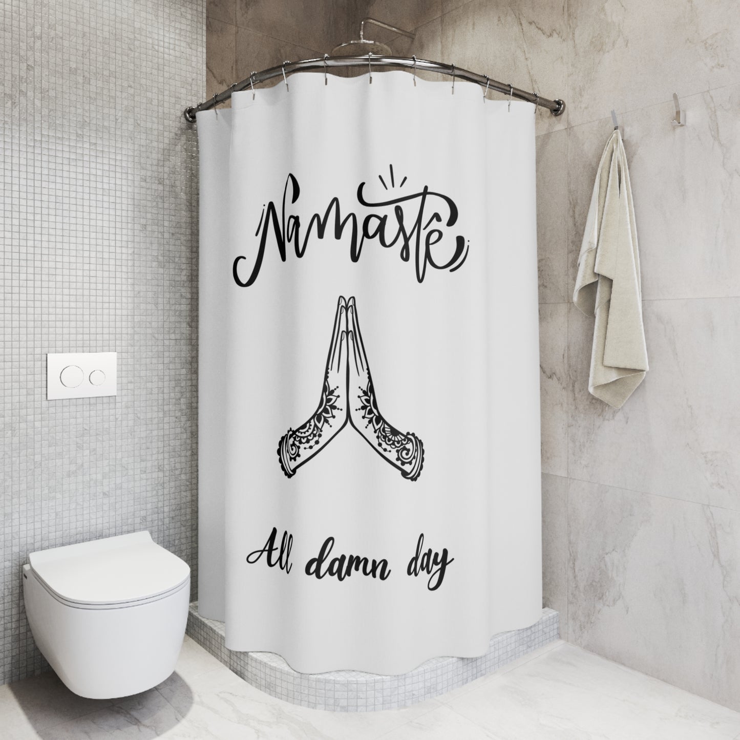 NAMASTE ALL DAMN DAY • Lustiger YOGA Duschvorhang 180x200 cm Weiss