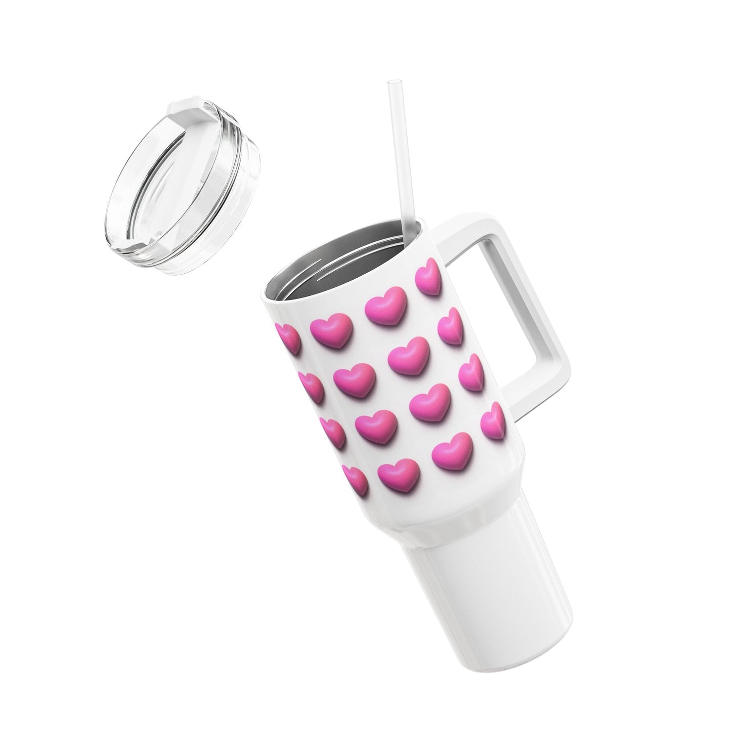 HERZEN MUSTER PINK - NIEDLICH 3D Optik • Tumbler mit Henkel & Strohhalm • XXL Reisebecher 1,2L