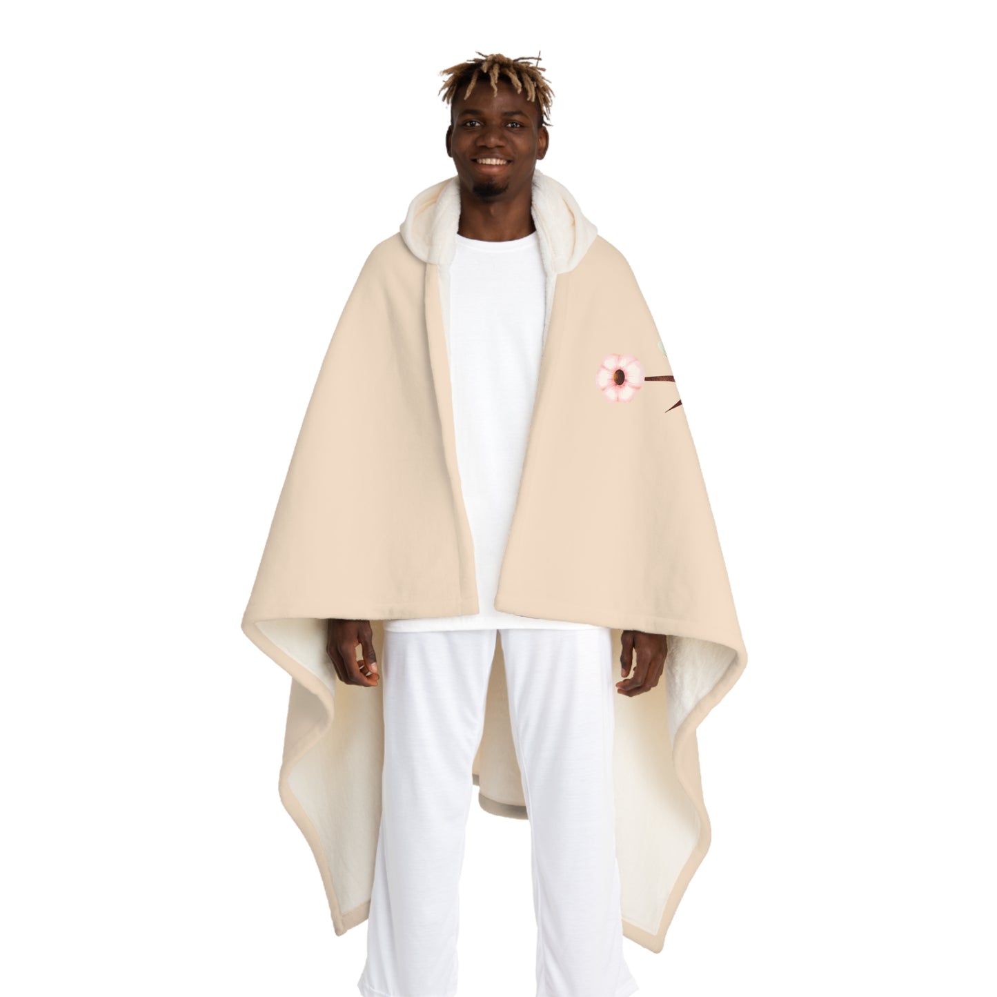 HIRSCH DECKE - REHKIDS MIT BLUMEN • Kapuzen Kuscheldecke Beige Creme • Wohndecke Sherpa 130cm x 180cm