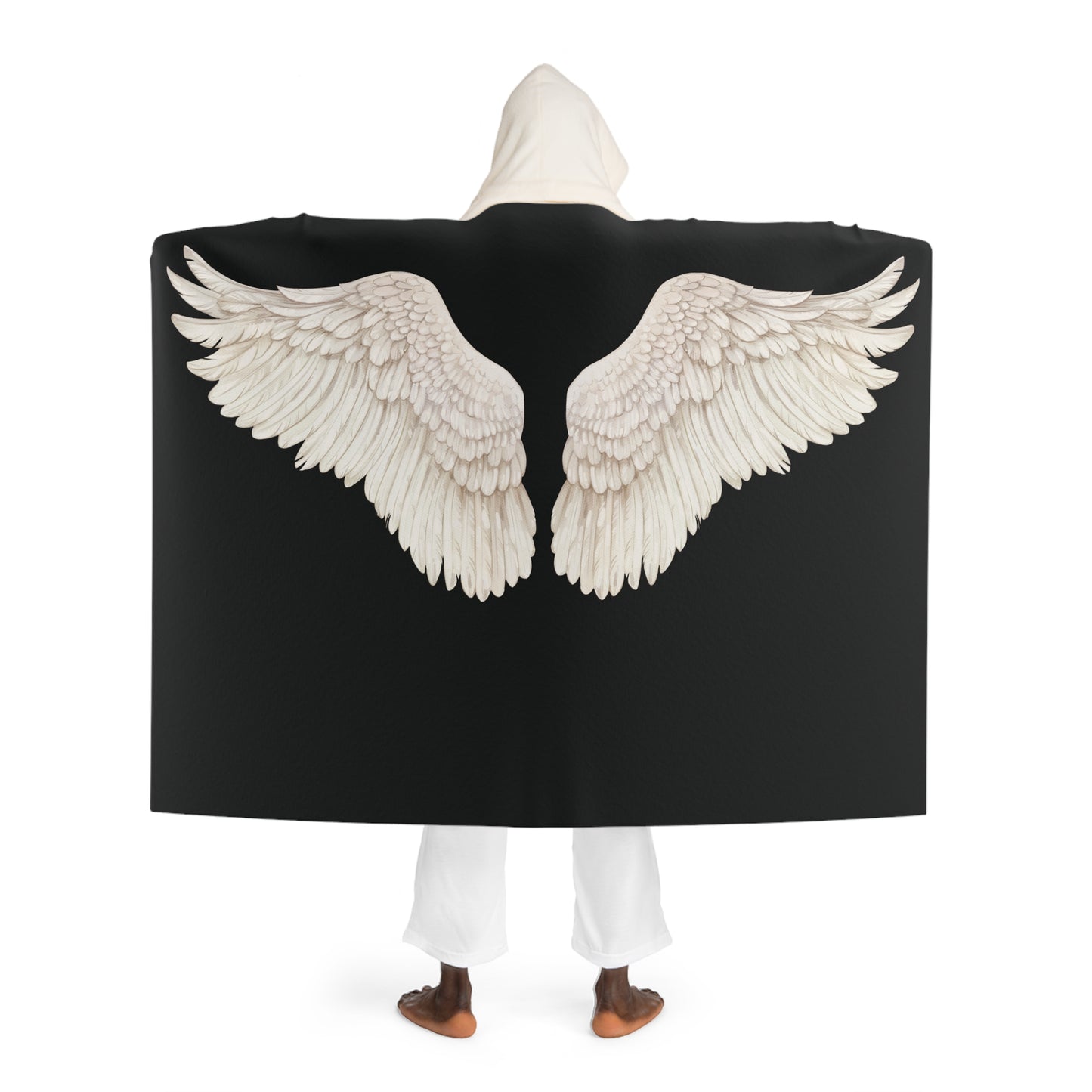 ENGELSFLÜGEL Federn • Kapuzen Kuscheldecke Schwarz • Wohndecke Sherpa 130cm x 180cm
