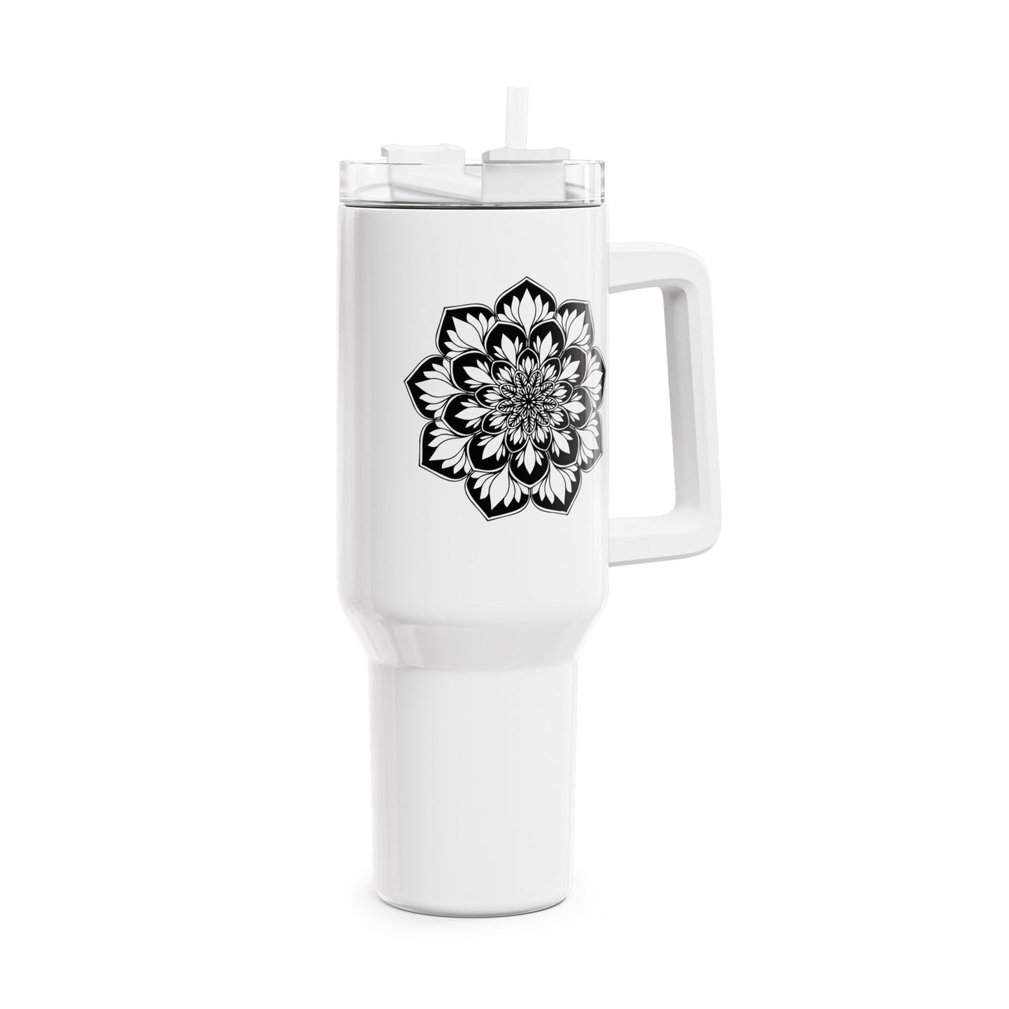 FLORALES MANDALA ÄSTHETISCH • Tumbler mit Henkel & Strohhalm • XXL Reisebecher 1,2L