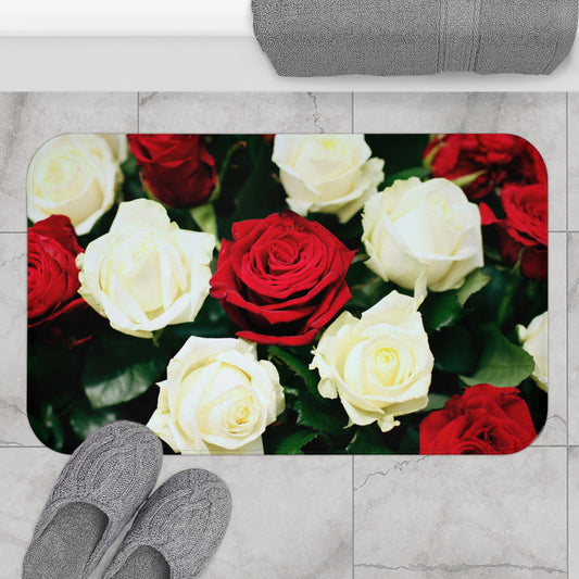 ROTE ROSEN, WEISSE • Liebesbeweis Geschenk, LOVE Liebesbotschaft ❤️ • Badvorleger / Fussmatte / Badteppich EXTRA Weich • 43 x 61 cm & 53 x 86 cm