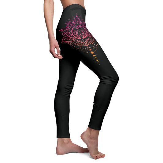LOTUSBLUME MIT MONDPHASEN PINK ROSA • Damen-Leggings Schwarz mit Print Aufdruck • Beste Leggings für Sport & Alltag