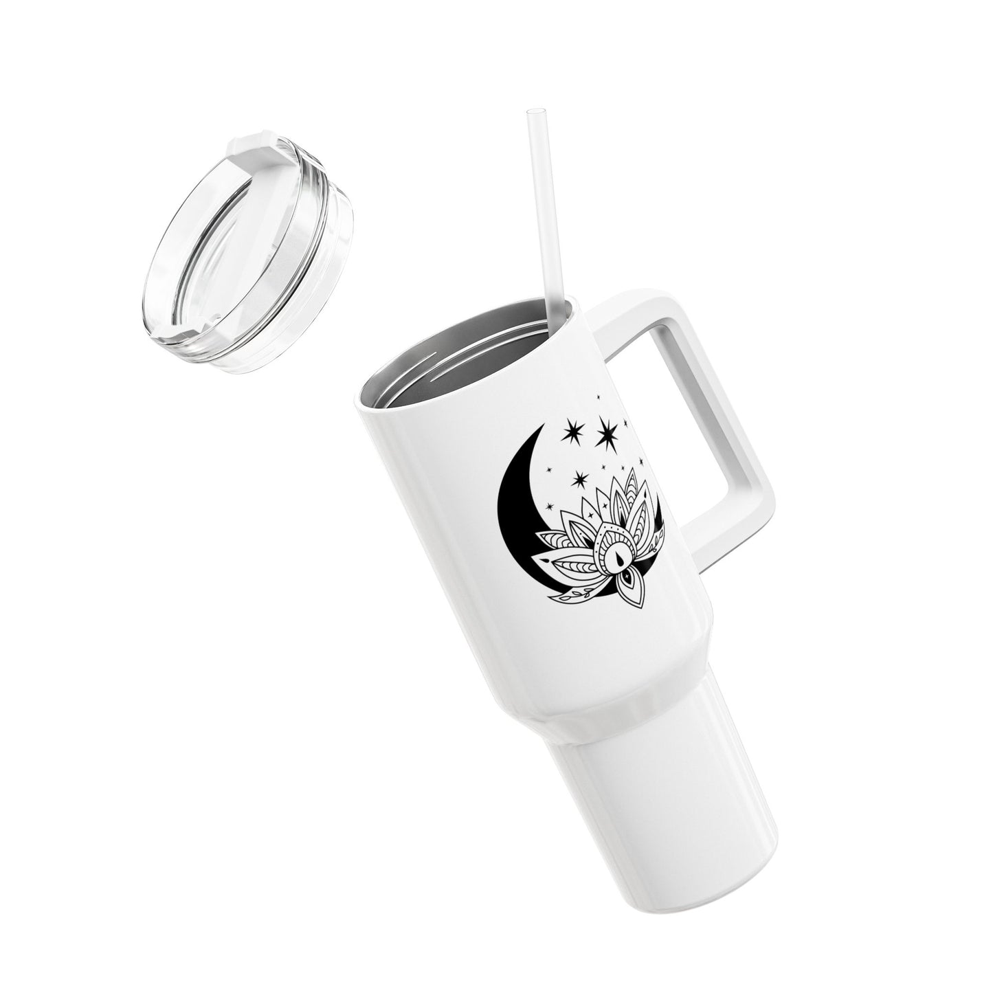 MOND LOTUSBLÜTE STERNE SPIRITUELL • Tumbler mit Henkel & Strohhalm • XXL Reisebecher 1,2L