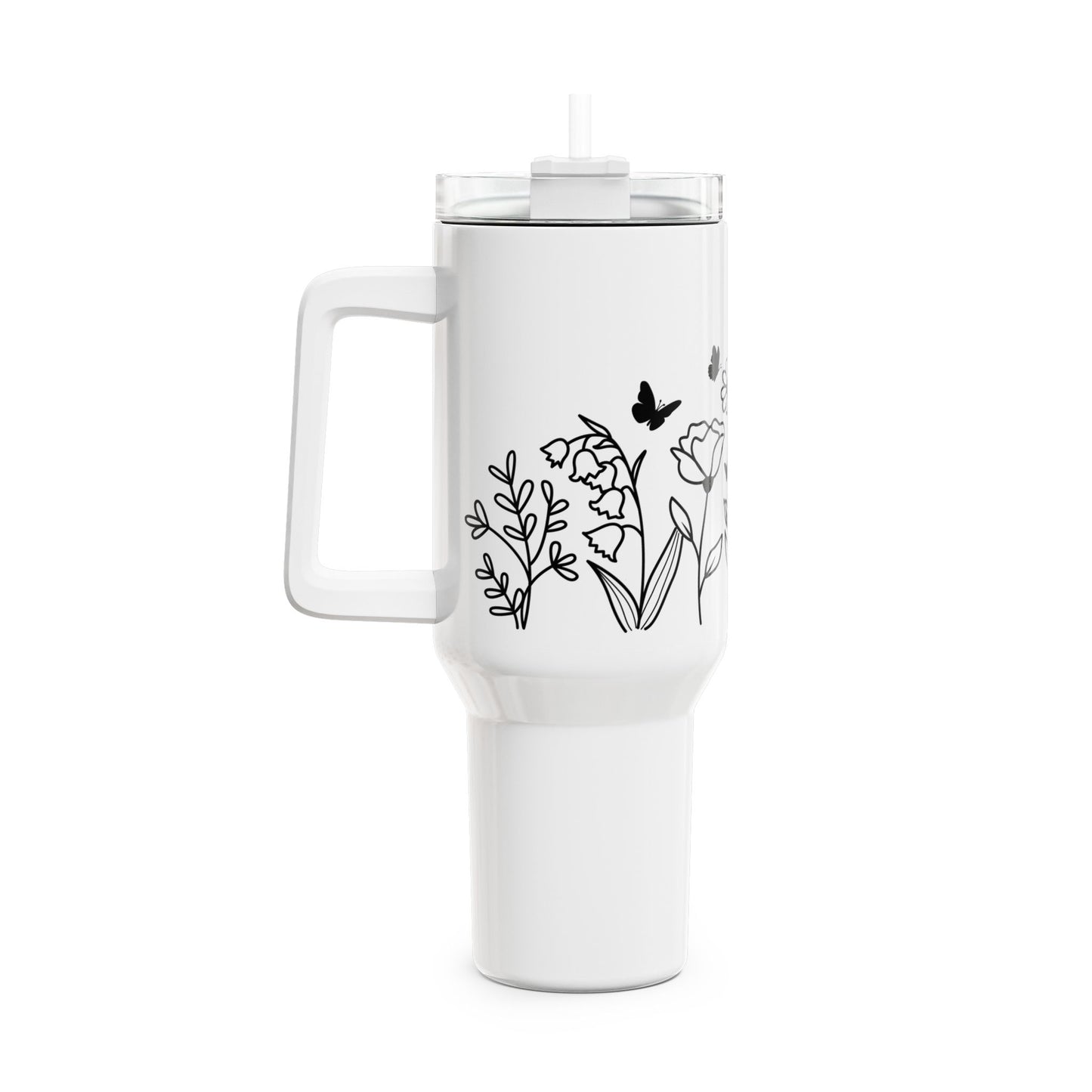 BLUMEN ZEICHNUNG • Tumbler mit Henkel & Strohhalm • XXL Reisebecher 1,2L
