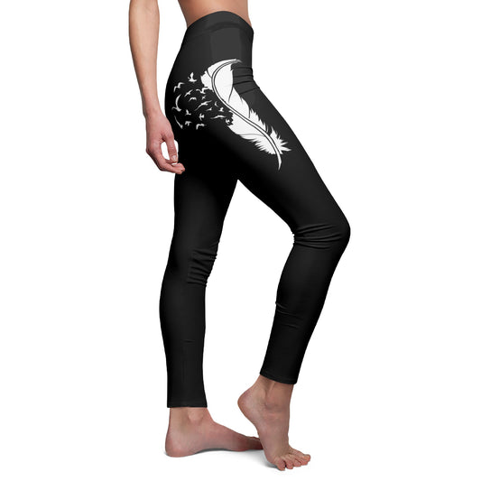 VOGELFEDER & VÖGEL ZEICHNUG Damen Leggins Schwarz • BOHO STYLE - Hippie Beste Leggings für Sport & Freizeit