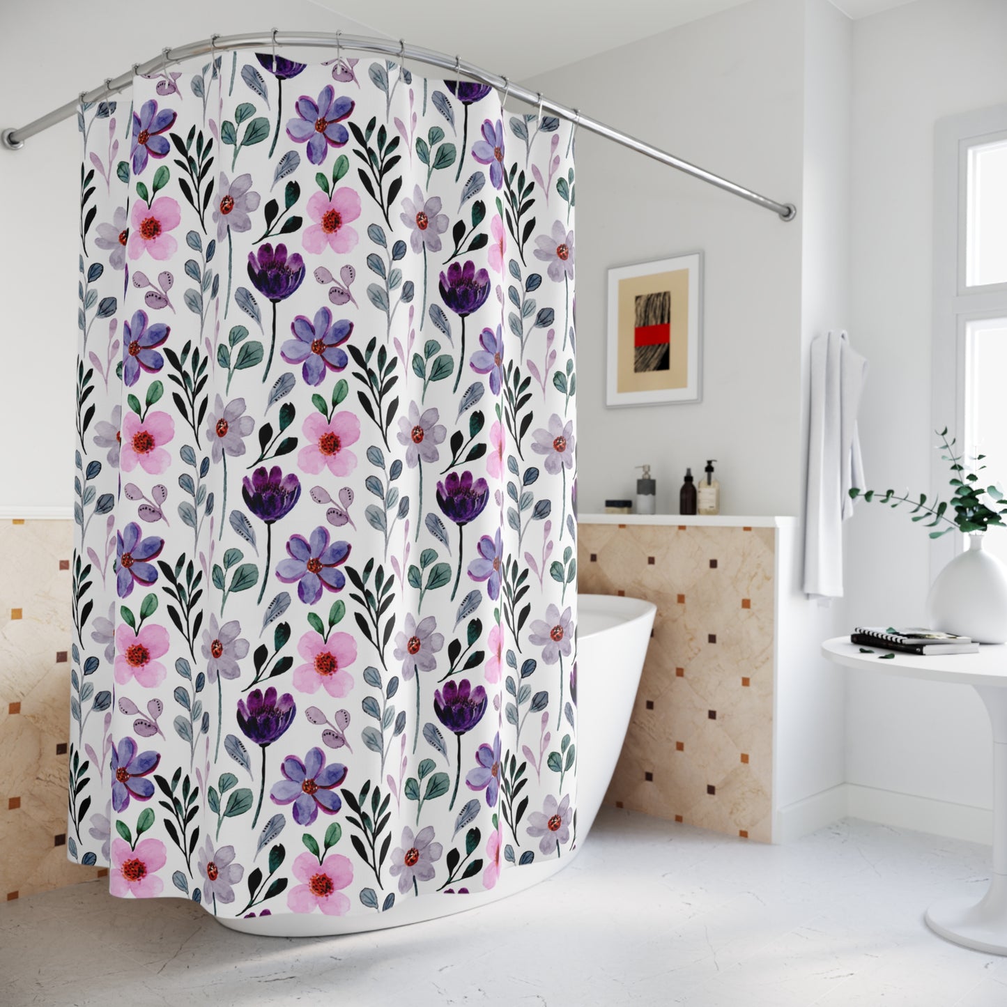 BLUMENMUSTER LILA ROSA • Hochwertiger, Schöner Duschvorhang 180x200 cm Weiss