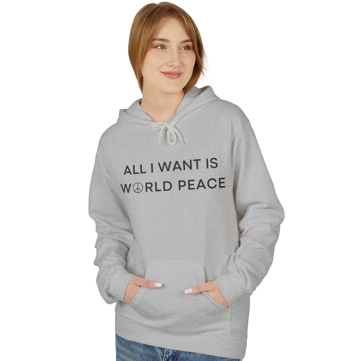 ALL I WANT IS WORLDPEACE, PEACE ZEICHEN SYMBOL • Friedensnachricht, Friedesnbotschaft • Kuschelweicher Hoodie für Damen & Herren • Baumwolle 🌿
